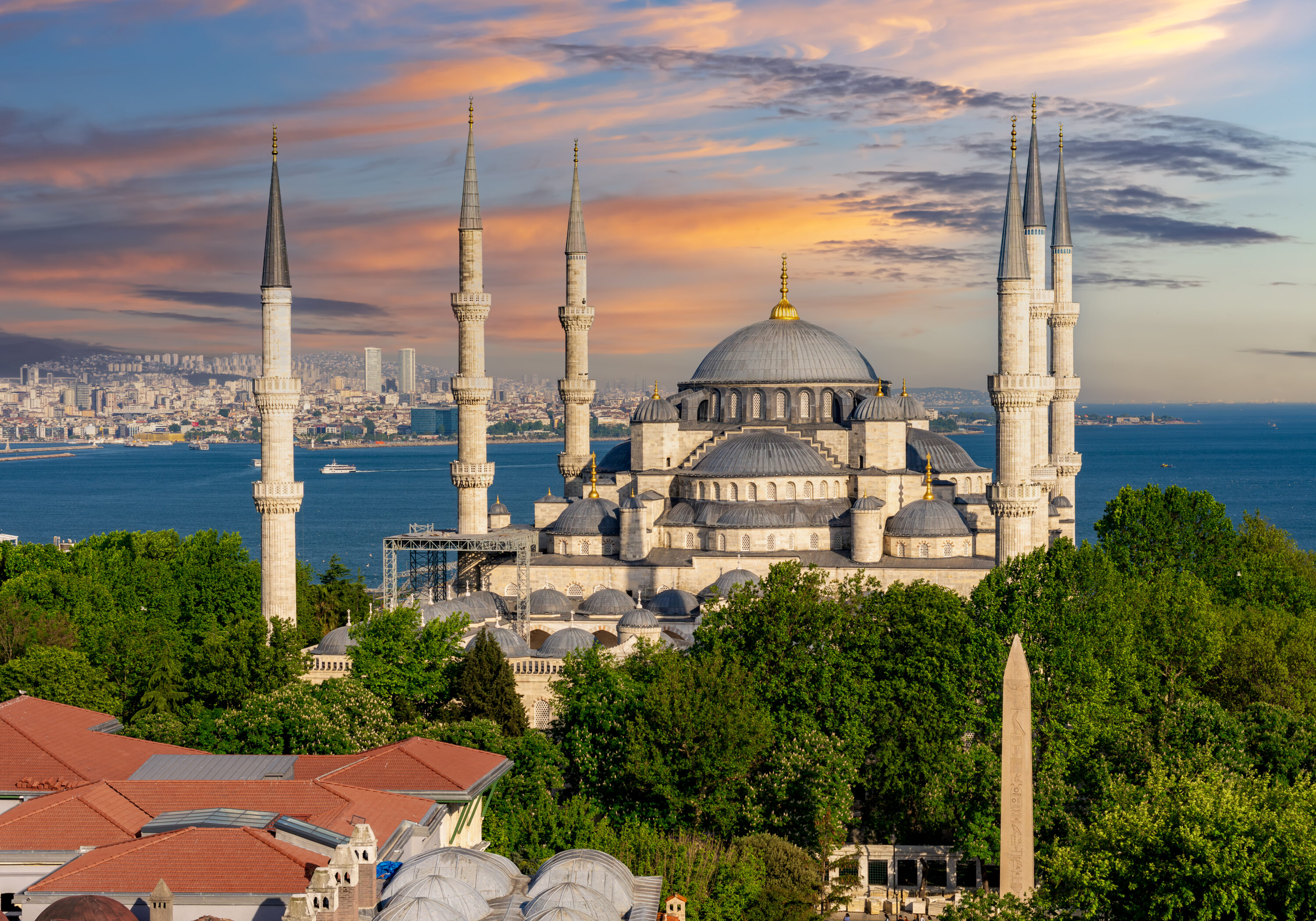 Blue or Sultan Ahmed mosque in center of Istanbul at sunset, Turkey