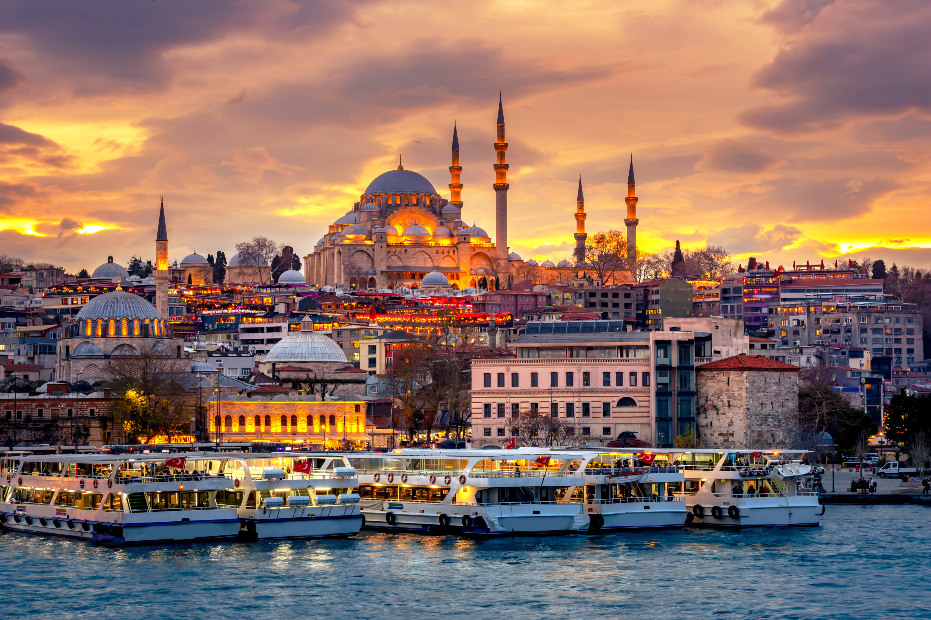 Istanbul, view of Süleymaniye Mosque, with sea of Vosporus, Galata bridge and tower, Turkey.